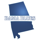 A silhouette of the state of Alabama in a dark blue color with a brighter blue spot near the center-right of the image. The state is cut in half near the center with the text "Bama Blues" in the white space between the two halves.